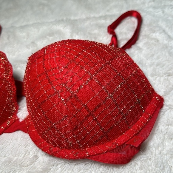 Victoria’s Secret Push Up Lined Demi Lace Bra Red Gold Metallic Size 32 D NEW - Picture 4 of 12